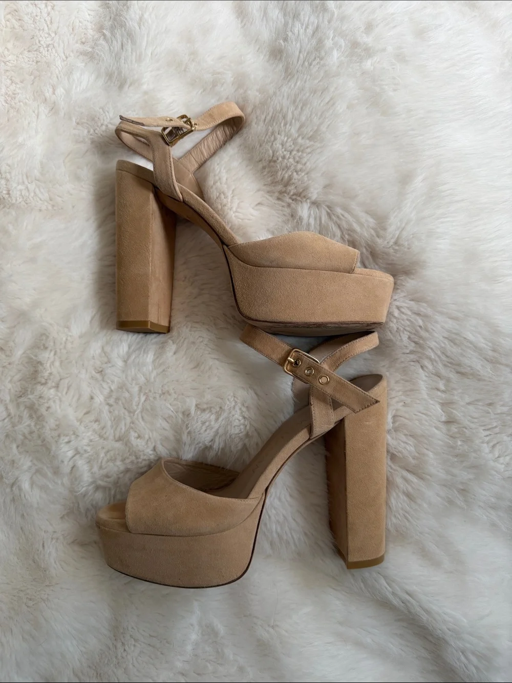Stuart Weitzman Beige Suede Platform Block Heel Sandals